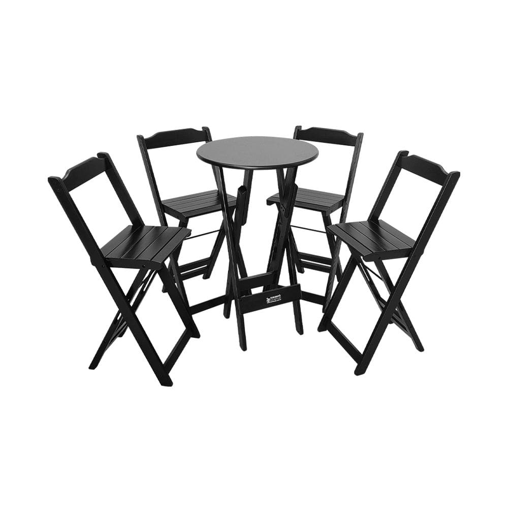 Mesa Bistrô Dobrável de Madeira Redonda com 4 Banquetas Preta - Tarimatã