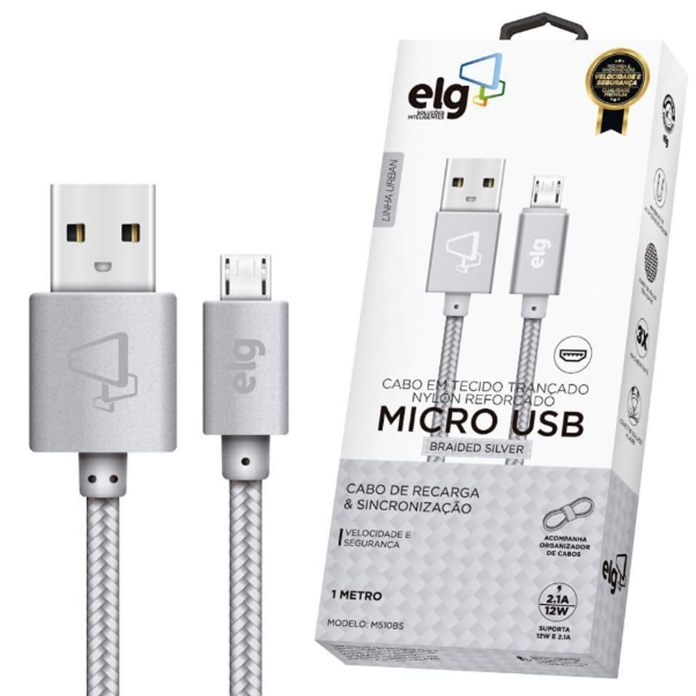 CABO MICRO USB REFORÇADO NYLON ELG 12W 2.1A Prata