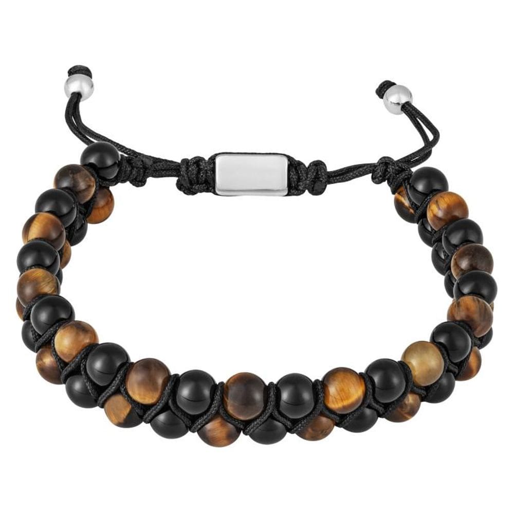 Pulseira Nordic Thor Pedra Olho de Tigre e Ágata Negra 6mm 18 a 25cm Ajustável