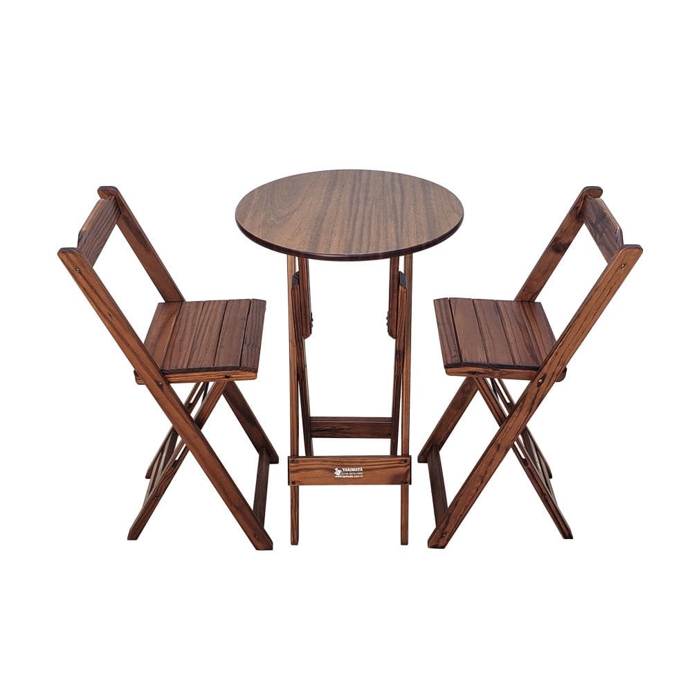 Conjunto Bistrô Mesa Dobrável de Madeira Redonda com 2 Banquetas Imbuia - Tarimatã