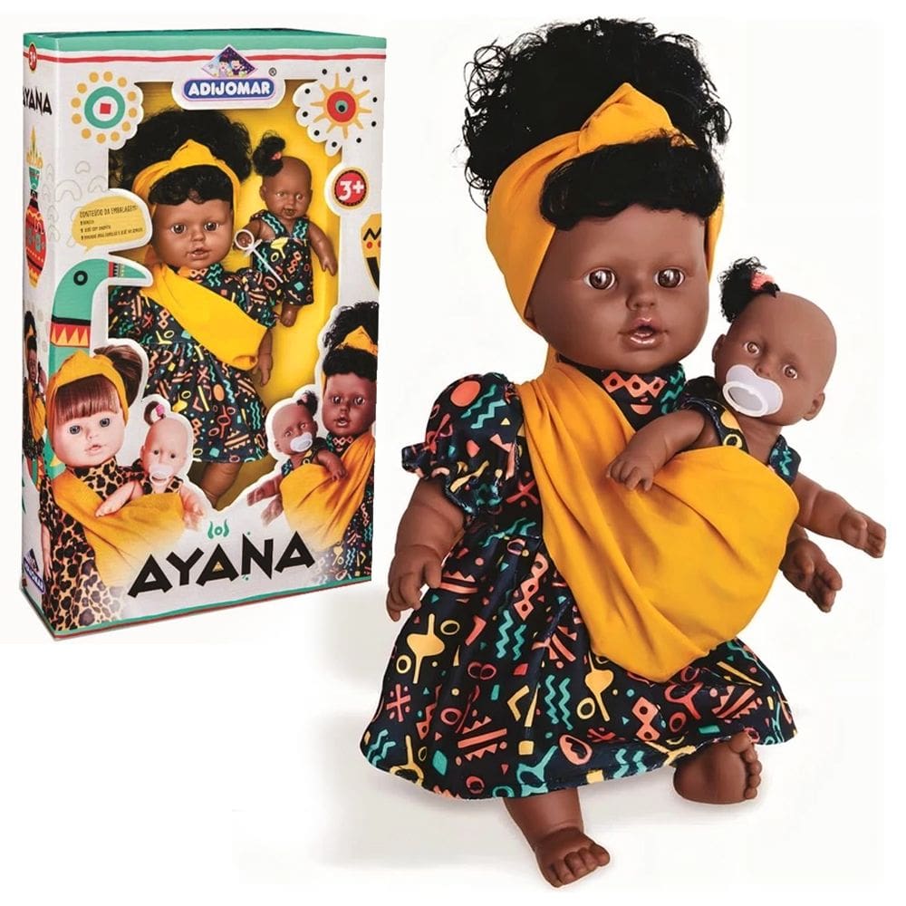Boneca Ayana Articulada Africana Negra 40cm Com Filha Menina