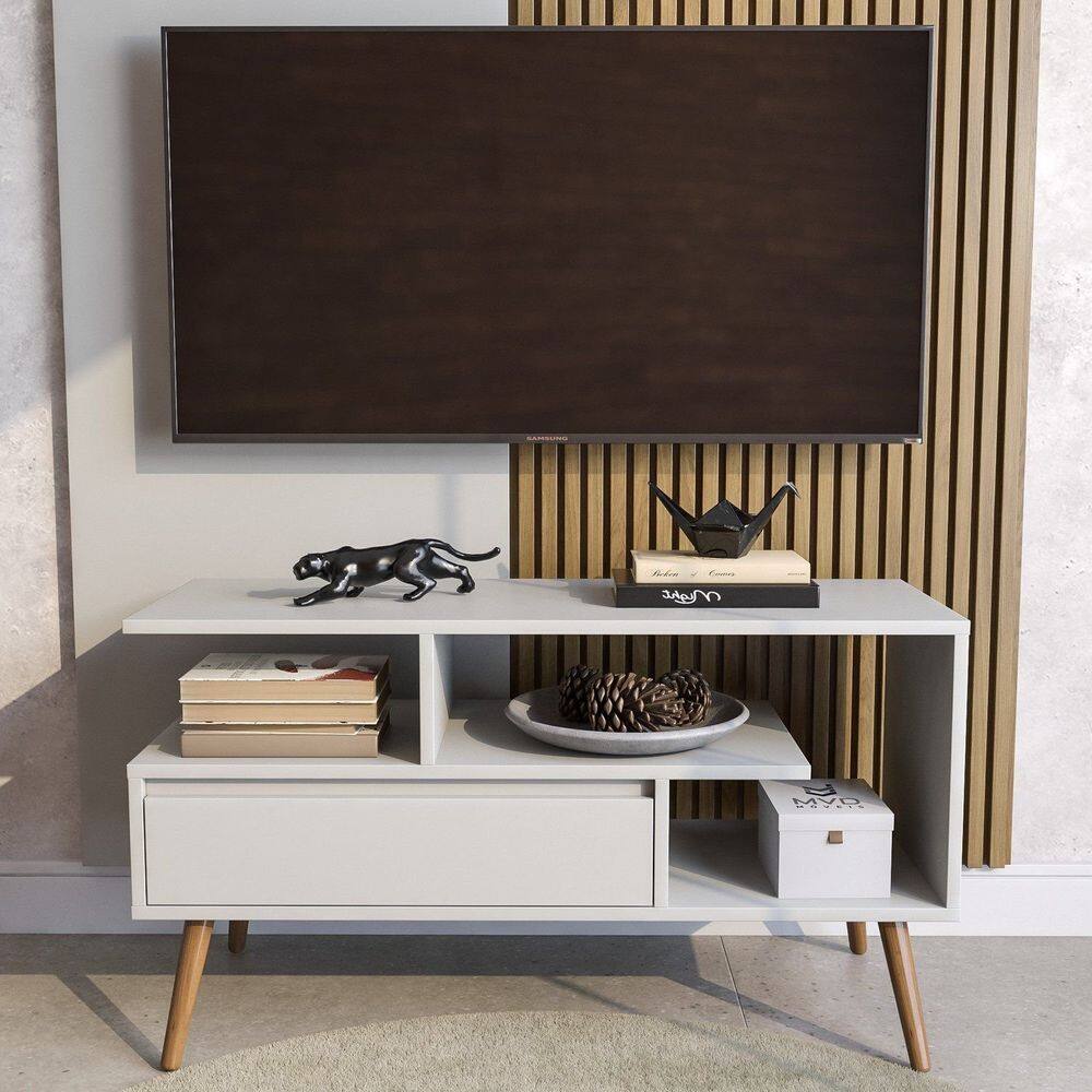 Rack Aparador Estante para Tv 55 Polegadas com Porta Nicho Prateleira Pés Palito Retro Branco
