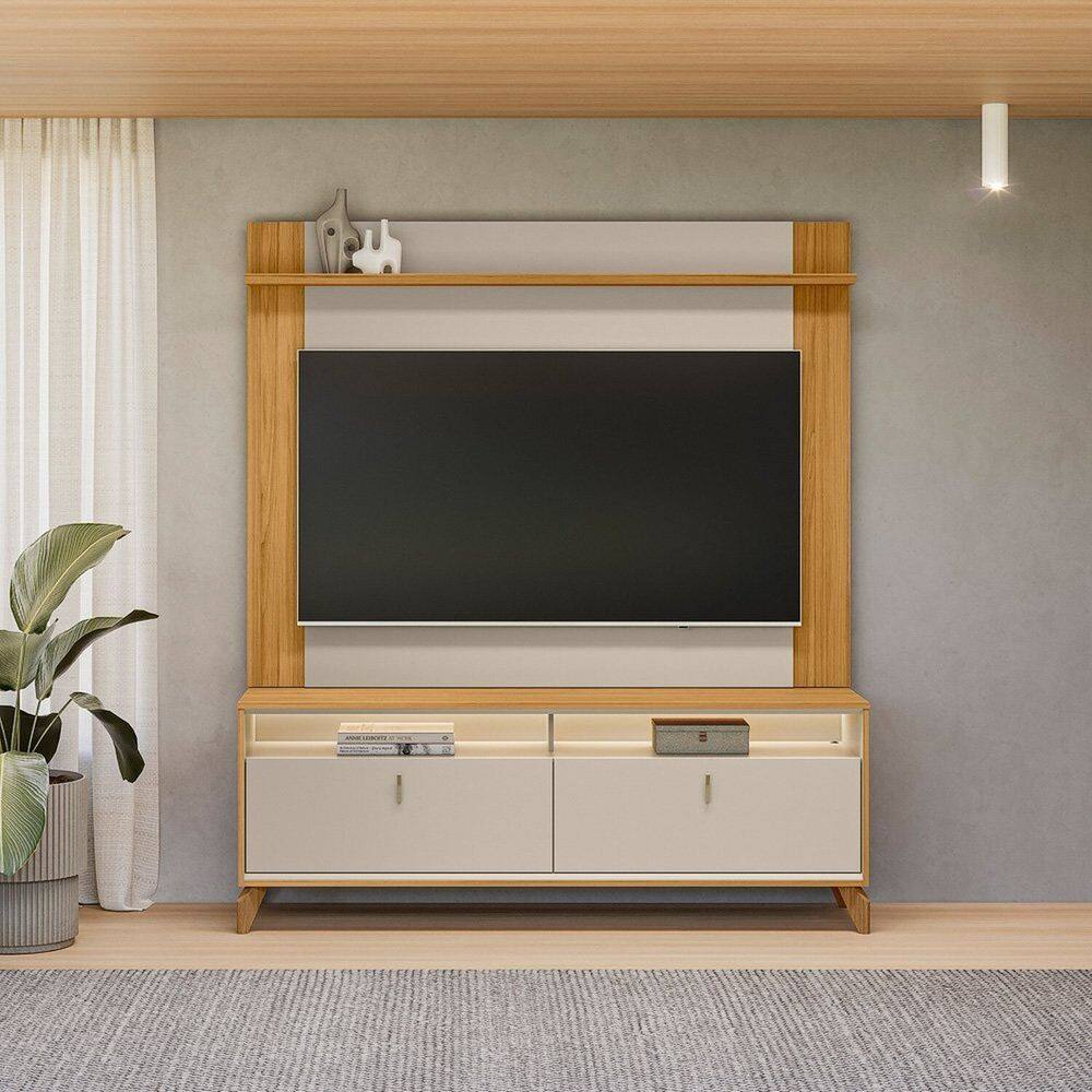 Rack com Led Pés em Madeira Maciça e Painel Tulum para Tv de até 55 Polegadas Dubai TAUARI/OFF WHITE FOSCO
