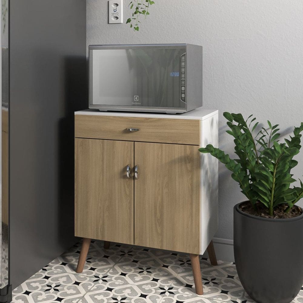 Balcão para Micro Ondas Cozinha com Portas e Gaveta Pés Palito Branco / Feijó