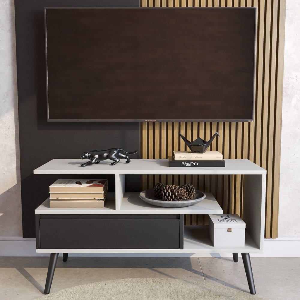Rack Aparador Estante para Tv 55 Polegadas com Porta Nicho Prateleira Pés Palito Retro Branco/Preto