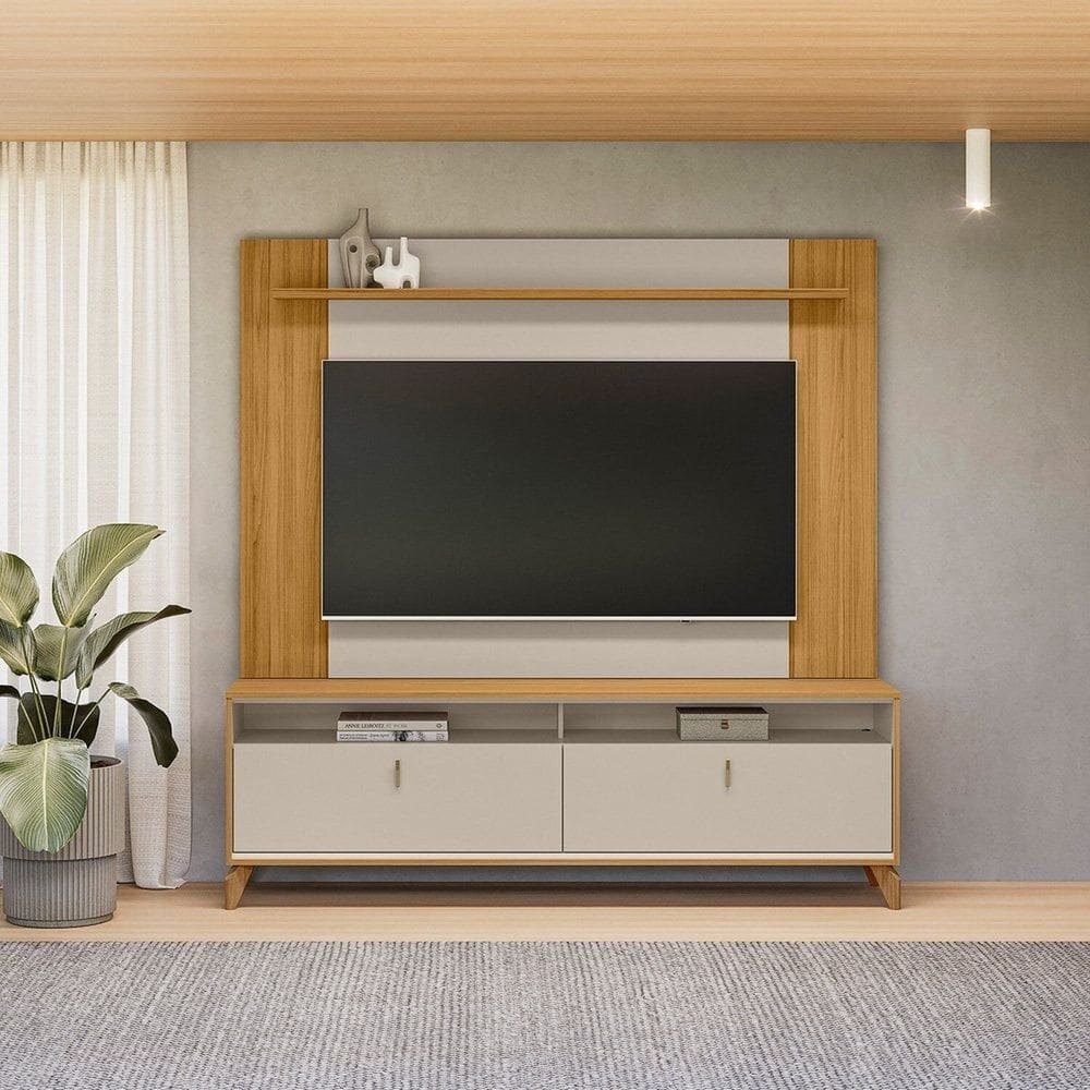 Rack com Painel para Tv 55 Polegadas Pés em Madeira Maciça TAUARI/OFF WHITE FOSCO