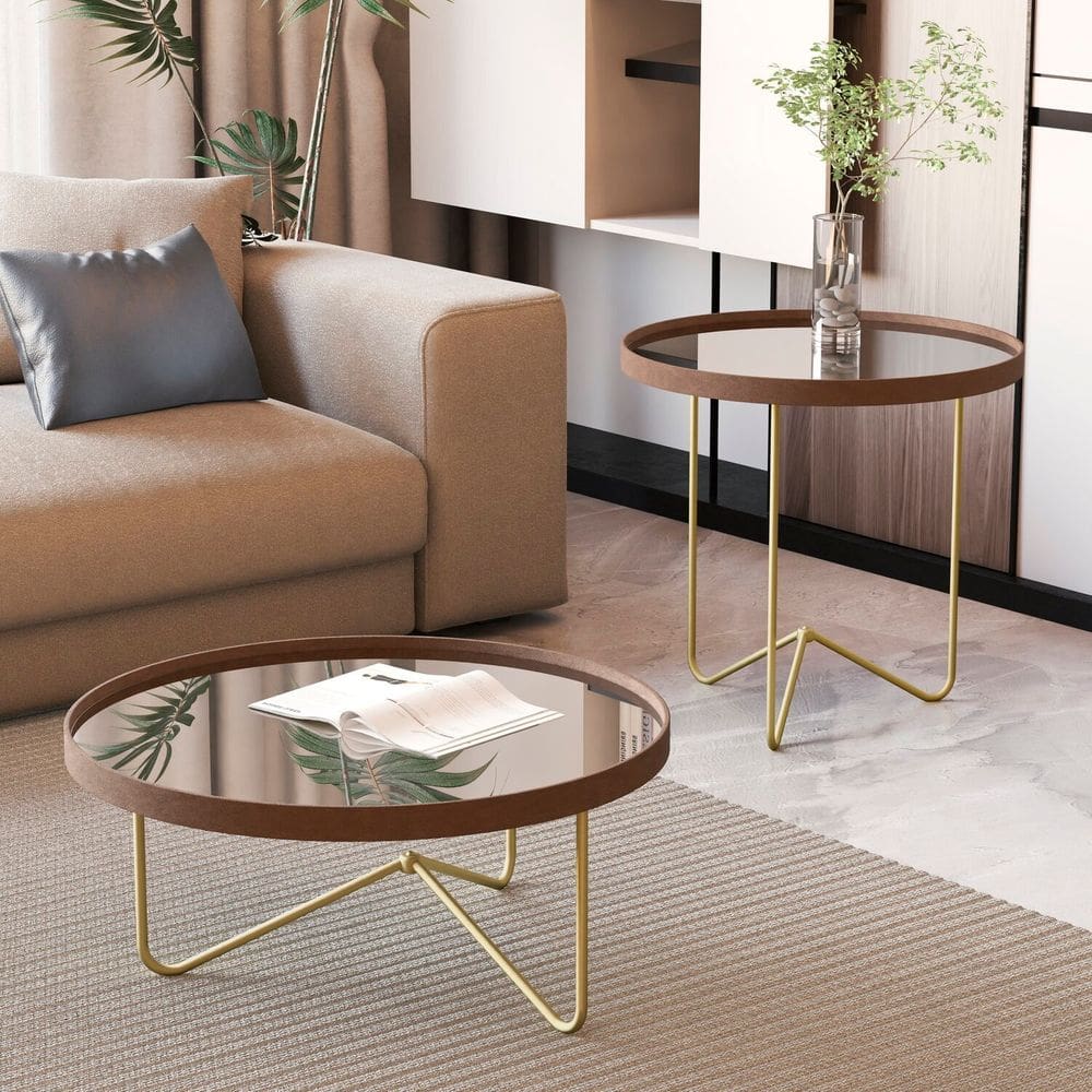 Mesa de Centro com Borda em Couro Sintético com Espelho e Pés em Ferro Castanho/Dourado