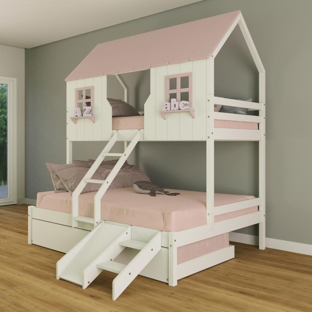 Treliche Casal/ Solteiro Casinha Encantada com Kit Escada/ Escorregador Madeira Maciça Branco/ Rosa Housin