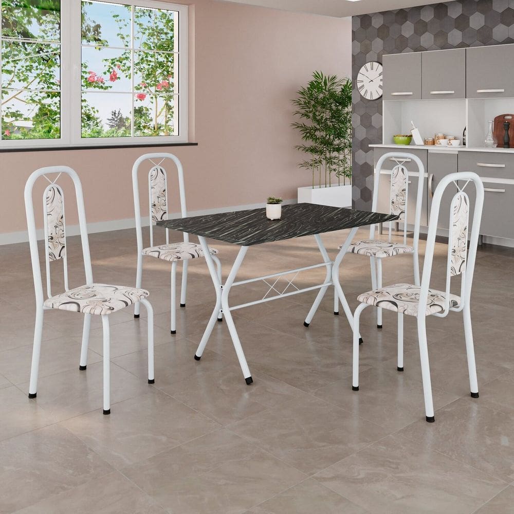 Conjunto de Mesa Tubular 100x60cm Tampo em Ardósia com 4 Cadeiras Lívia Arabesco/ Branco