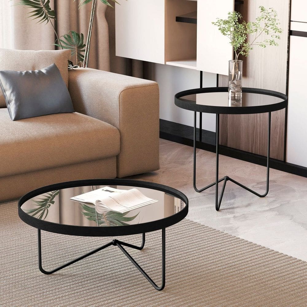 Mesa de Centro com Borda em Couro Sintético com Espelho e Pés em Ferro Preto