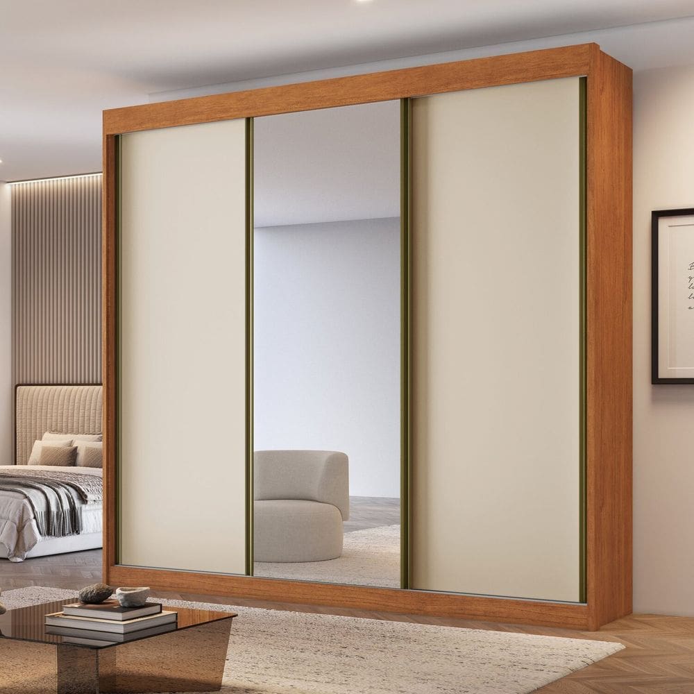 Guarda-roupa Casal 3 Portas de Correr 100% Mdf Chicago Cinamomo/Off White