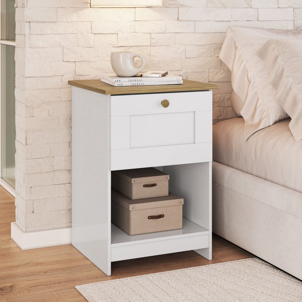 Mesa de Cabeceira Dormitório 1 Gaveta Americano Branco Gelo/Ipê