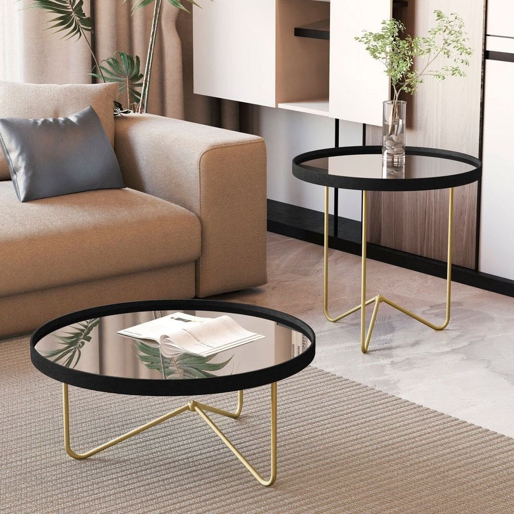 Mesa de Centro com Borda em Couro Sintético com Espelho e Pés em Ferro Preto/Dourado