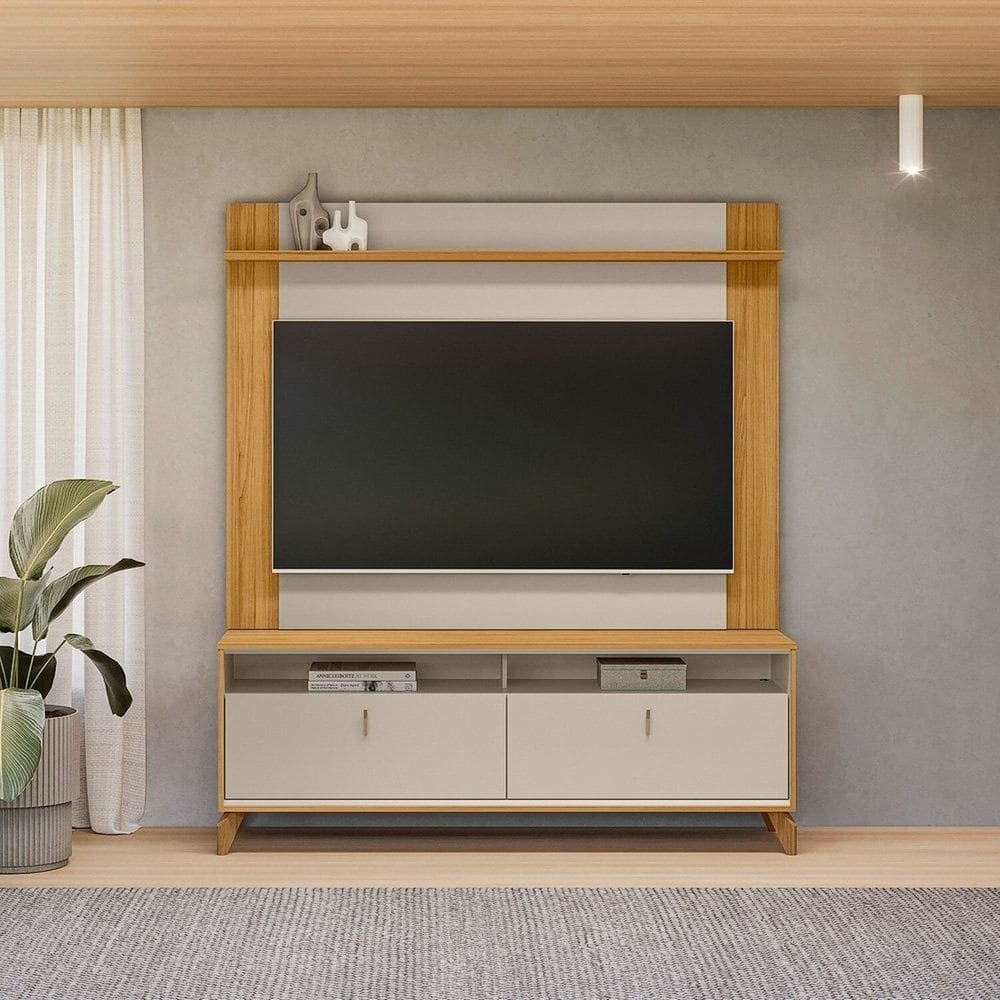 Rack Pés em Madeira Maciça e Painel Tulum para Tv de até 55 Polegadas Dubai TAUARI/OFF WHITE FOSCO