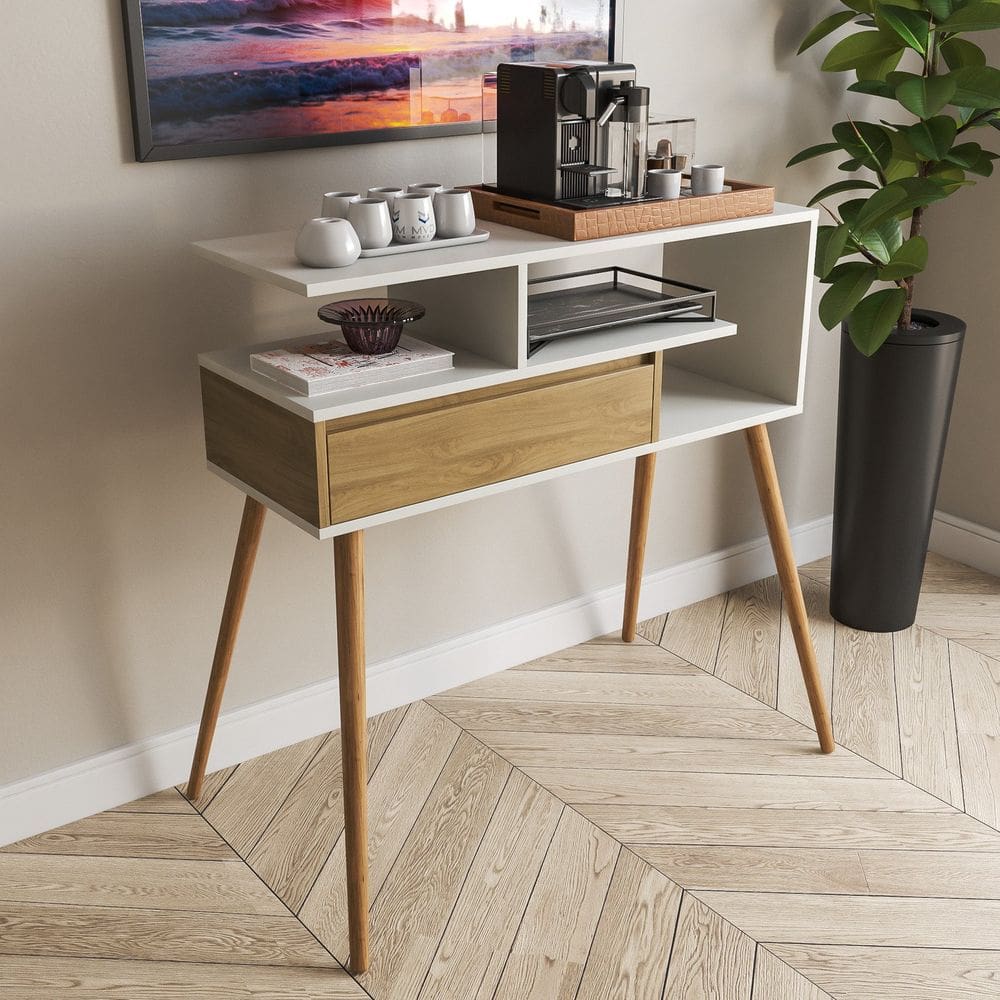 Aparador Buffet com Porta e Nichos para Sala Pés Palito Retro Branco/Freijó