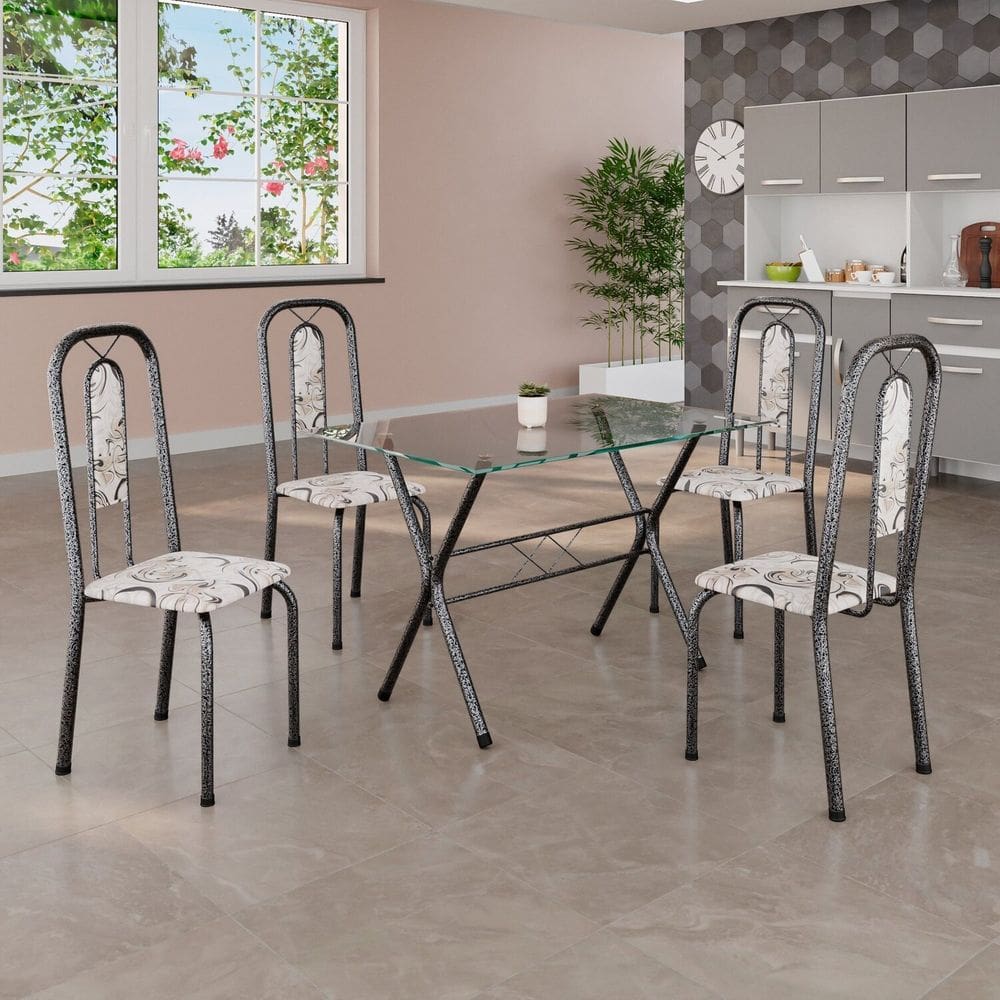 Conjunto de Mesa Tampo de Vidro com 4 Cadeiras Lívia Mart Prata