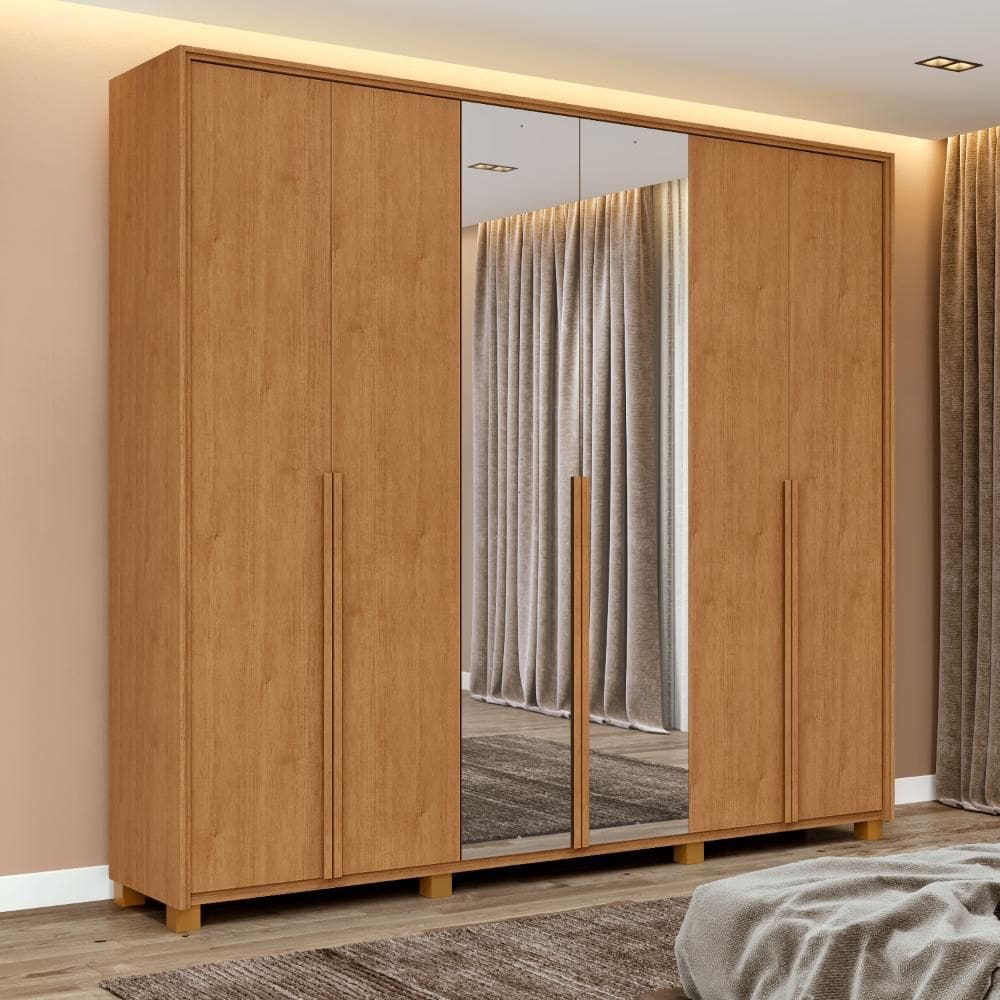 Guarda Roupa Casal 100% MDF 6 Portas Easy Move 2,40 Com Espelho e Pés Amendoa Clean