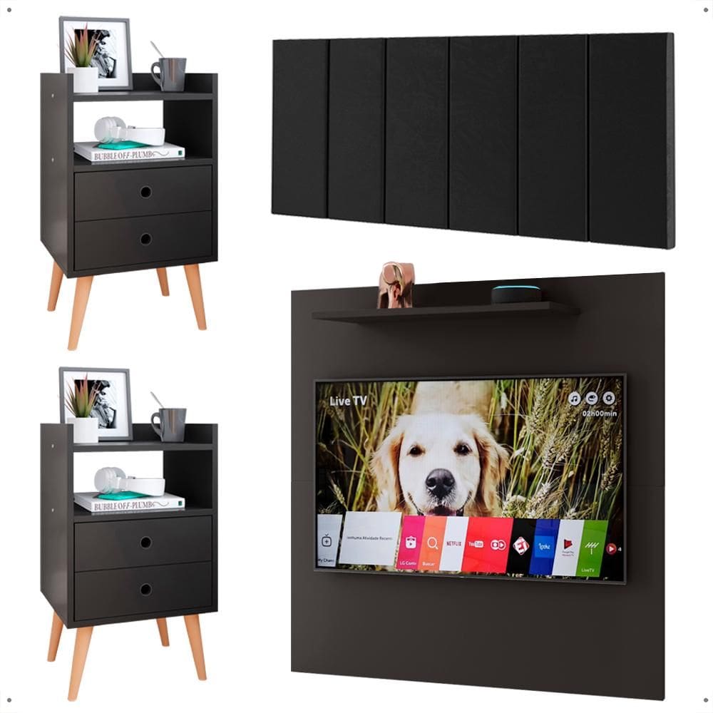 Jogo Quarto 2 Mesinhas Retrô Gavetas Nicho Painel Tv 32 Polegadas Sala Cabeceira Suspensa Almofadada Cama Box King Size 1,95 - Lojas RPM