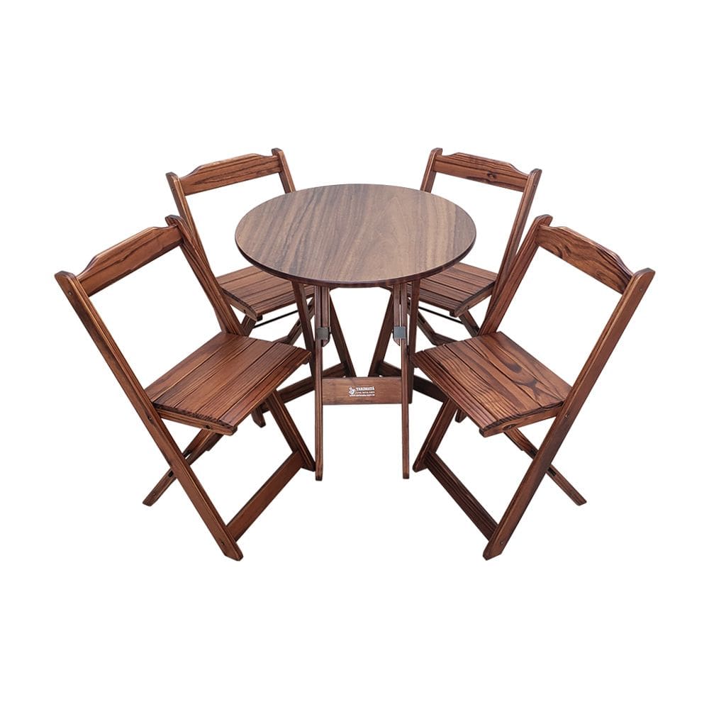 Conjunto Dobrável Mesa de Madeira 70cm Redonda com 4 Cadeiras Imbuia - Tarimatã