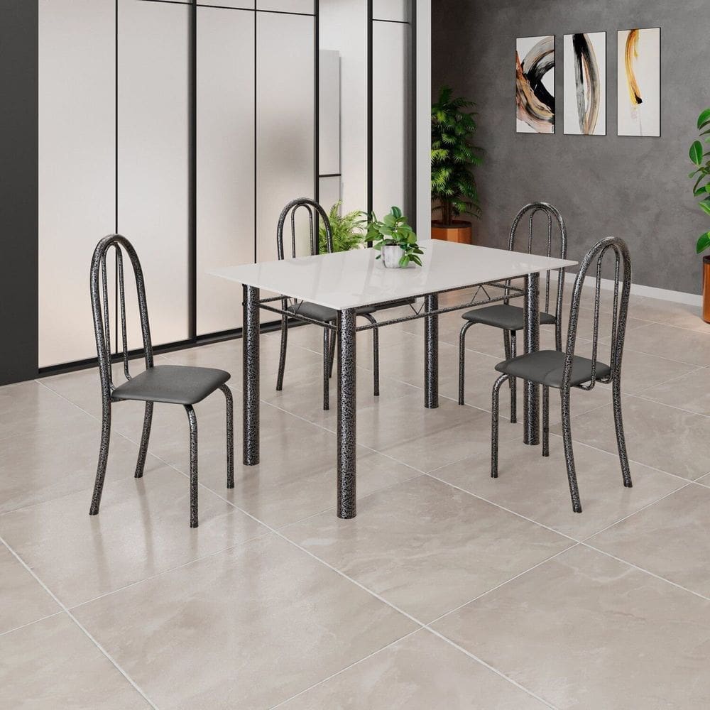 Conjunto Mesa Sala de Jantar 4 Cadeiras Iris B Preto/Prata