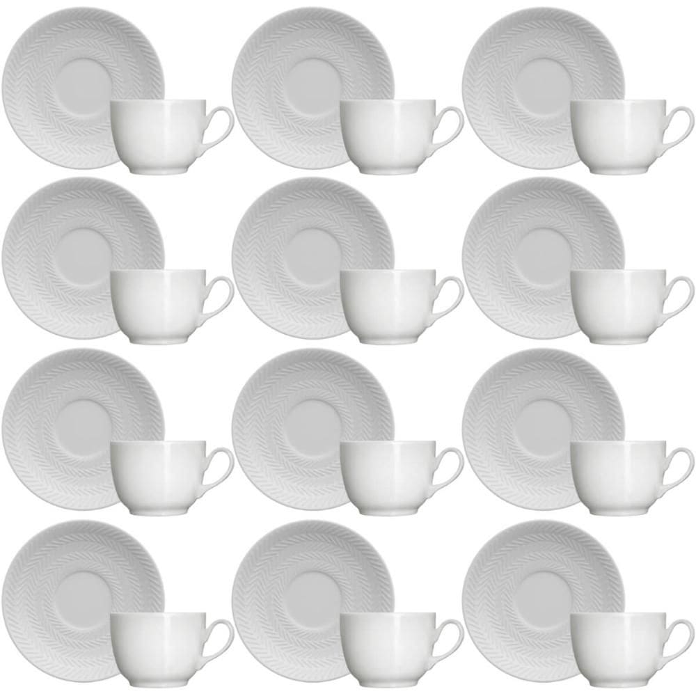 Jogo 12 Xícaras com Pires 75ml Café Porcelana Branca Relevo Chevron Germer