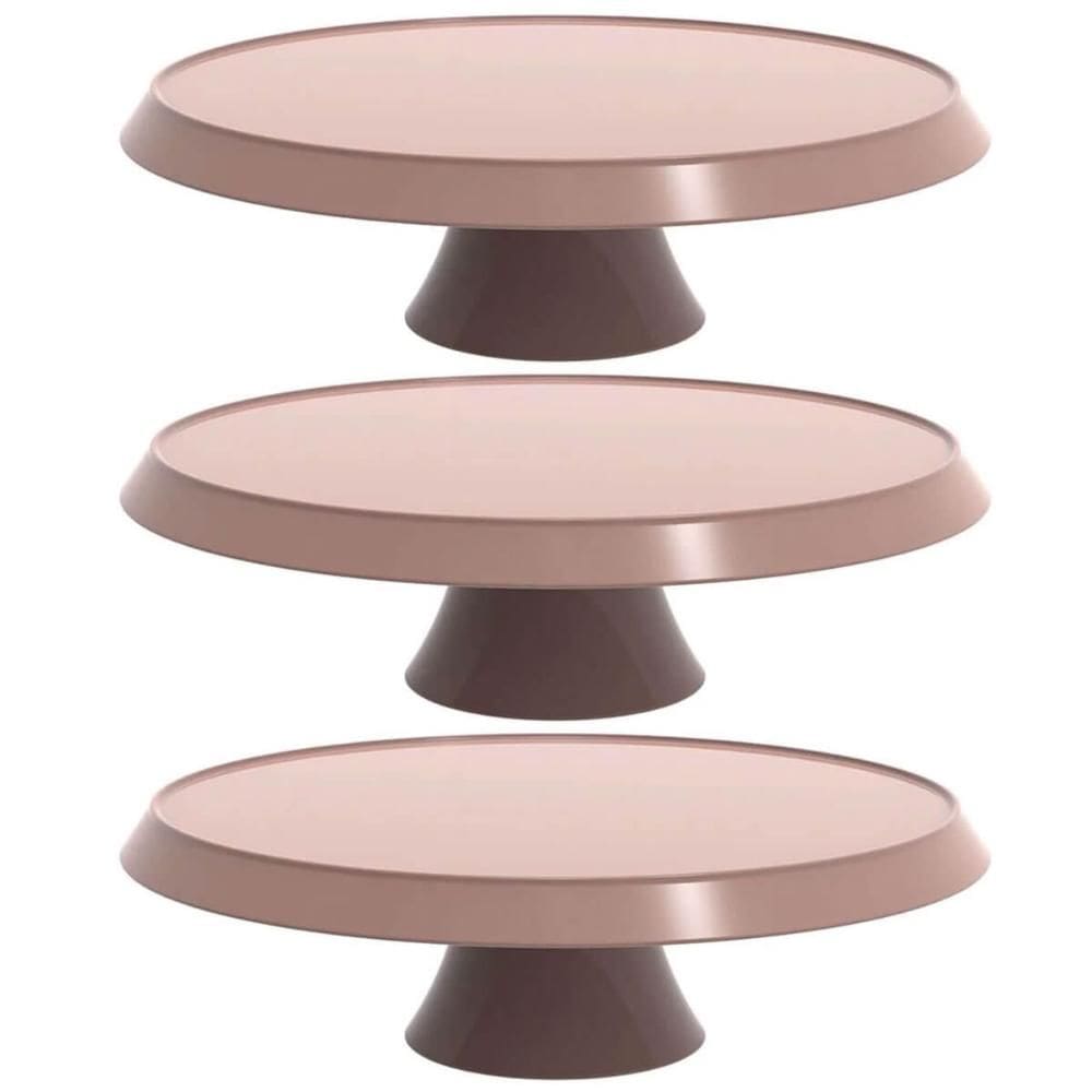 Kit 3 Bases Porta Bolos Tortas Doces 28cm com Pedestal Bubble Crippa Boleiras Cor Amêndoa