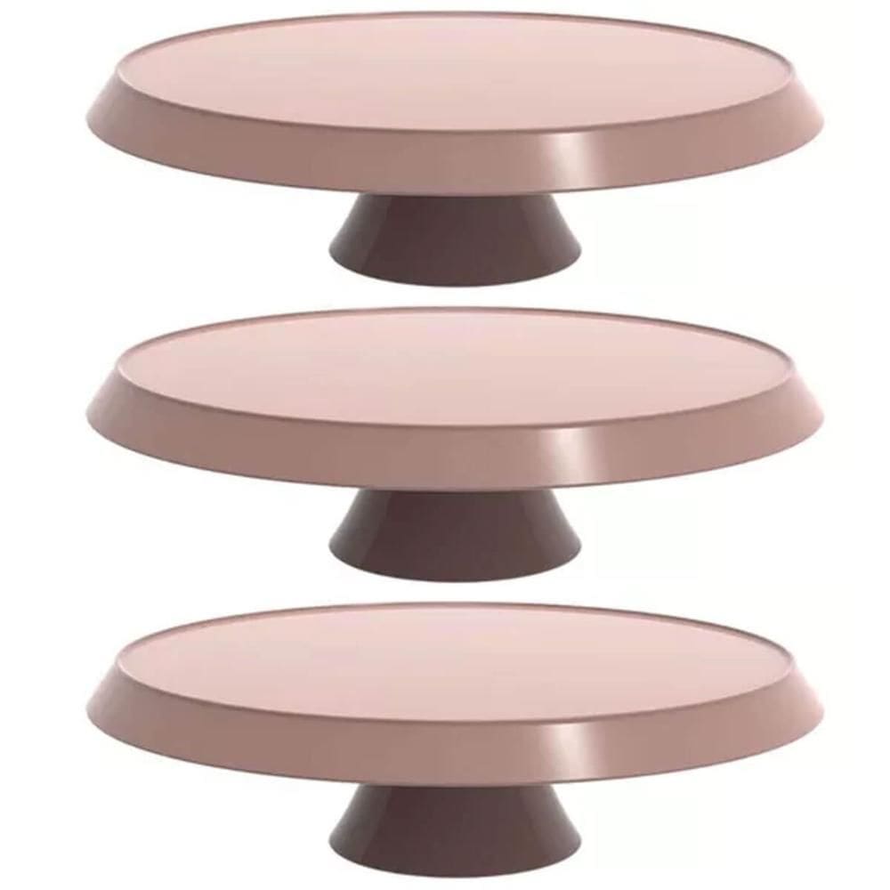 Kit 3 Bases Porta Bolos Tortas Doces 30cm Boleira com Pé Crippa Amêndoa
