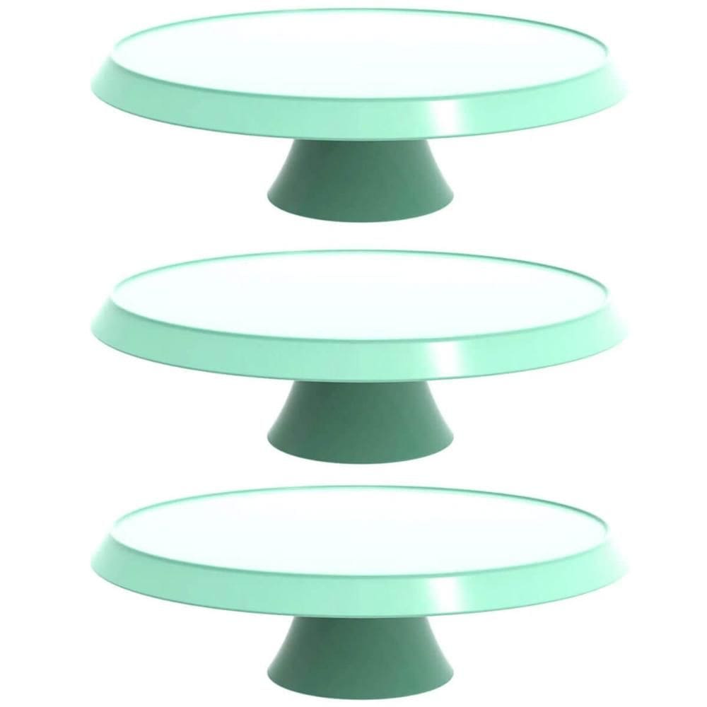Kit 3 Boleiras com Pedestal Verde Menta Pratos para Bolos 28cm Balcões de Confeitarias Eventos