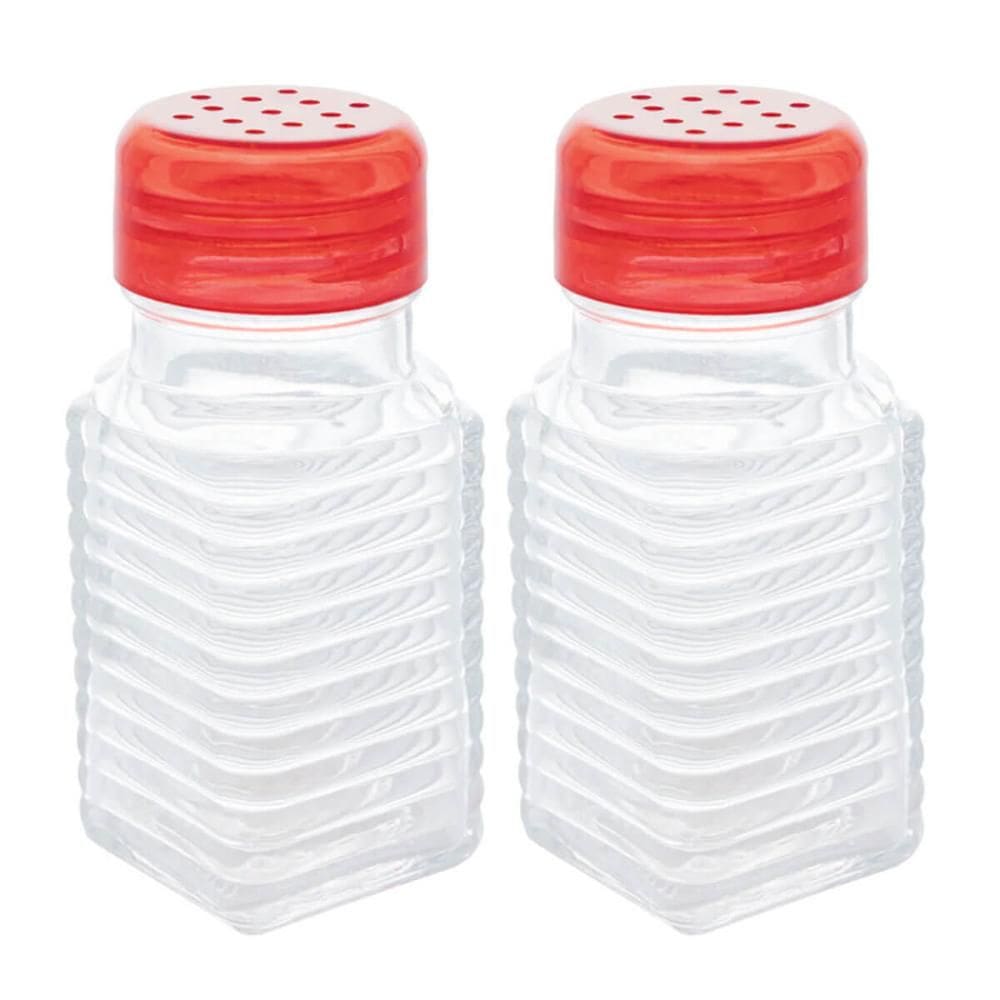 Kit 2 Saleiros de Mesa Vidro Borossilicato 80ml Lyor Porta Sal Dosador Tampa Plástica Vermelha