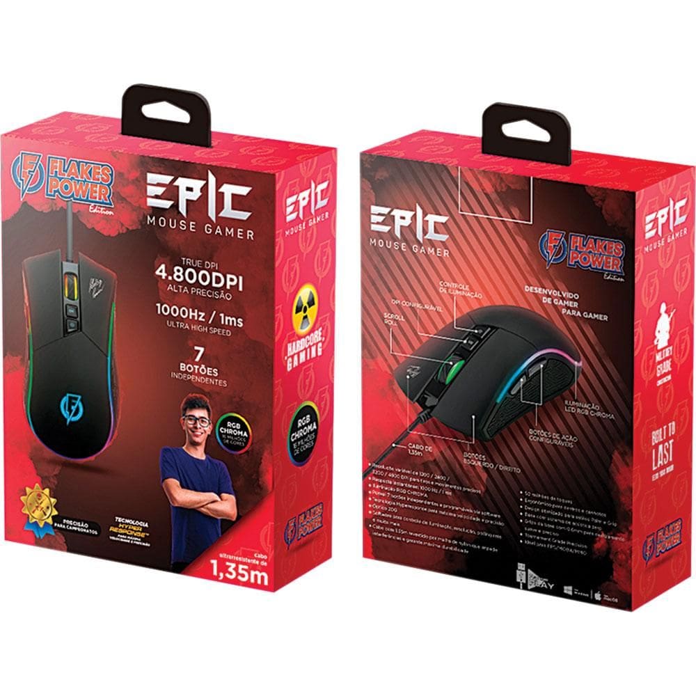 Mouse Gamer USB Led ELG Flakes Epic FLKM001 Preto
