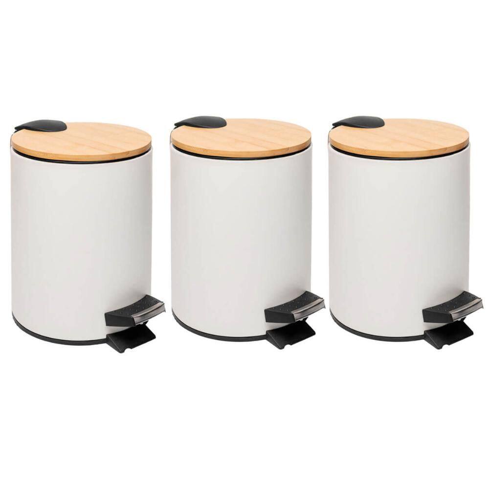 Kit 3 Lixeiras Redonda 5L Metal com Pedal Branca Tampa Bambu Balde Interno Banheiro Genebra