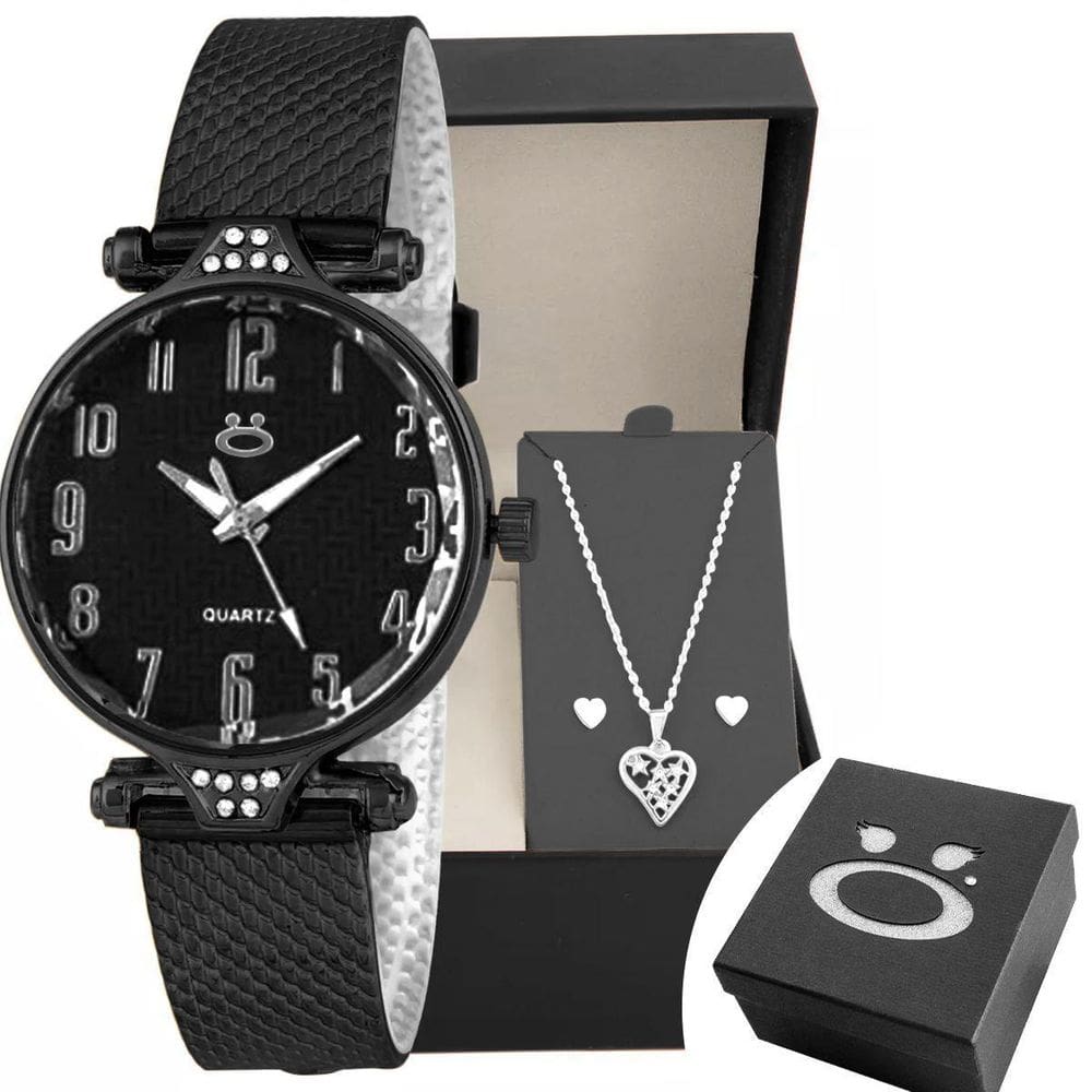 Relogio Aço Feminino Preto + Caixa + Brinco Coração Colar