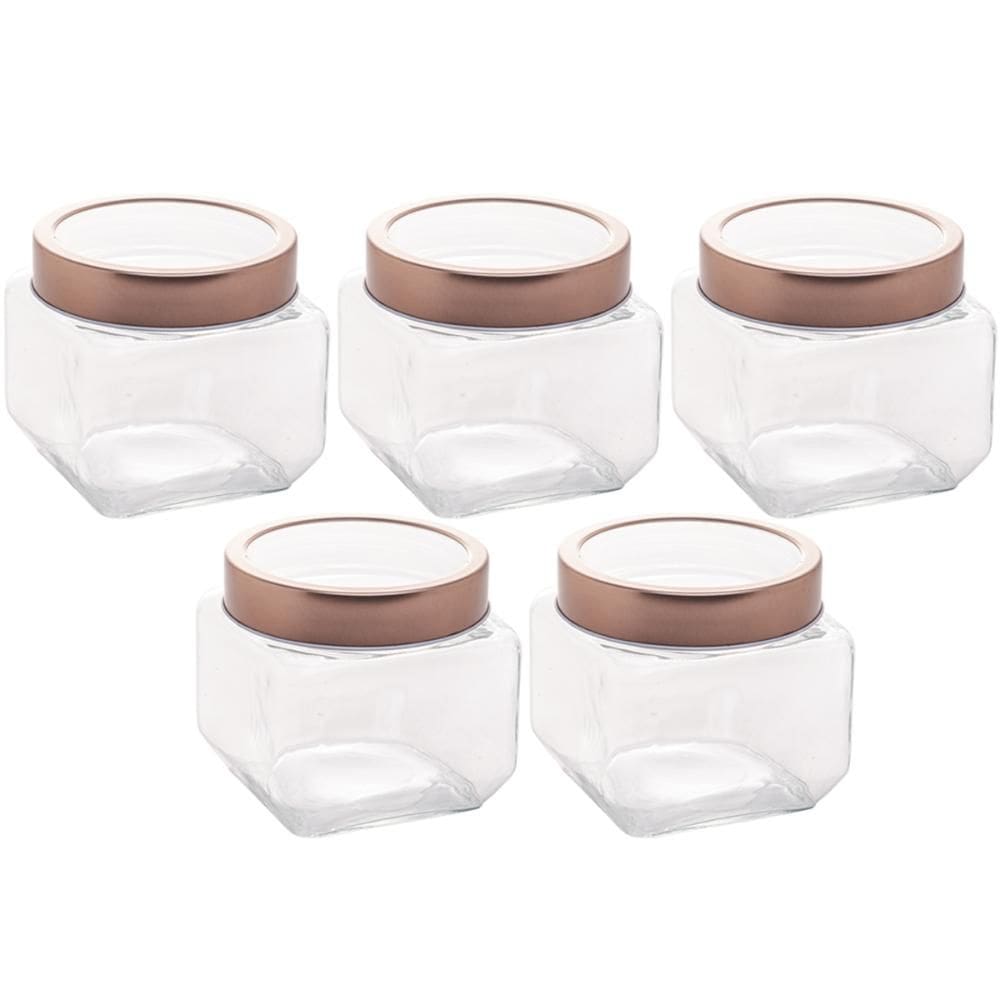 Kit 5 Potes de Vidro Tampa Metal Rose Gold 800ml Gastro Lyor Porta Mantimentos Doces