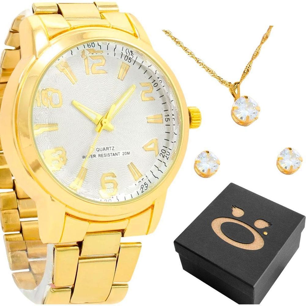 Relogio Banhado Feminino Aço + Brincos Colar Strass + Caixa