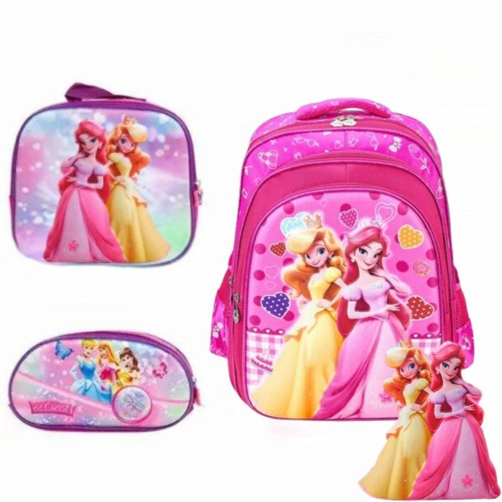 Kit Lancheira Mochila E Estojo Menina Rosa Estampa Brilhante