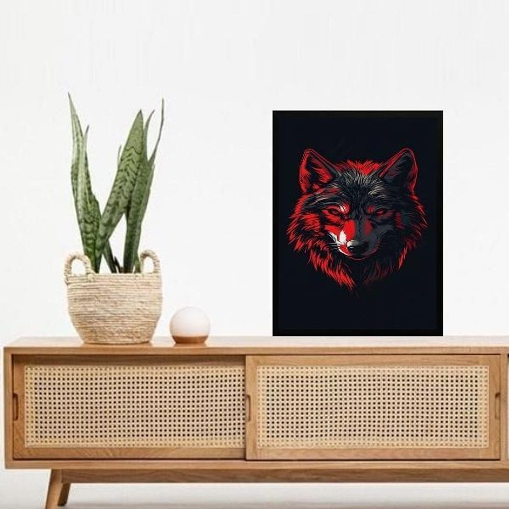 Quadro Decorativo Lobo Preto E Vermelho 45X34Cm