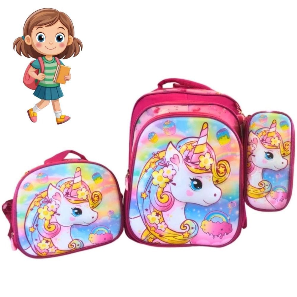 Kit Completo Escolar Unicórnio Lancheira Mochila E Estojo