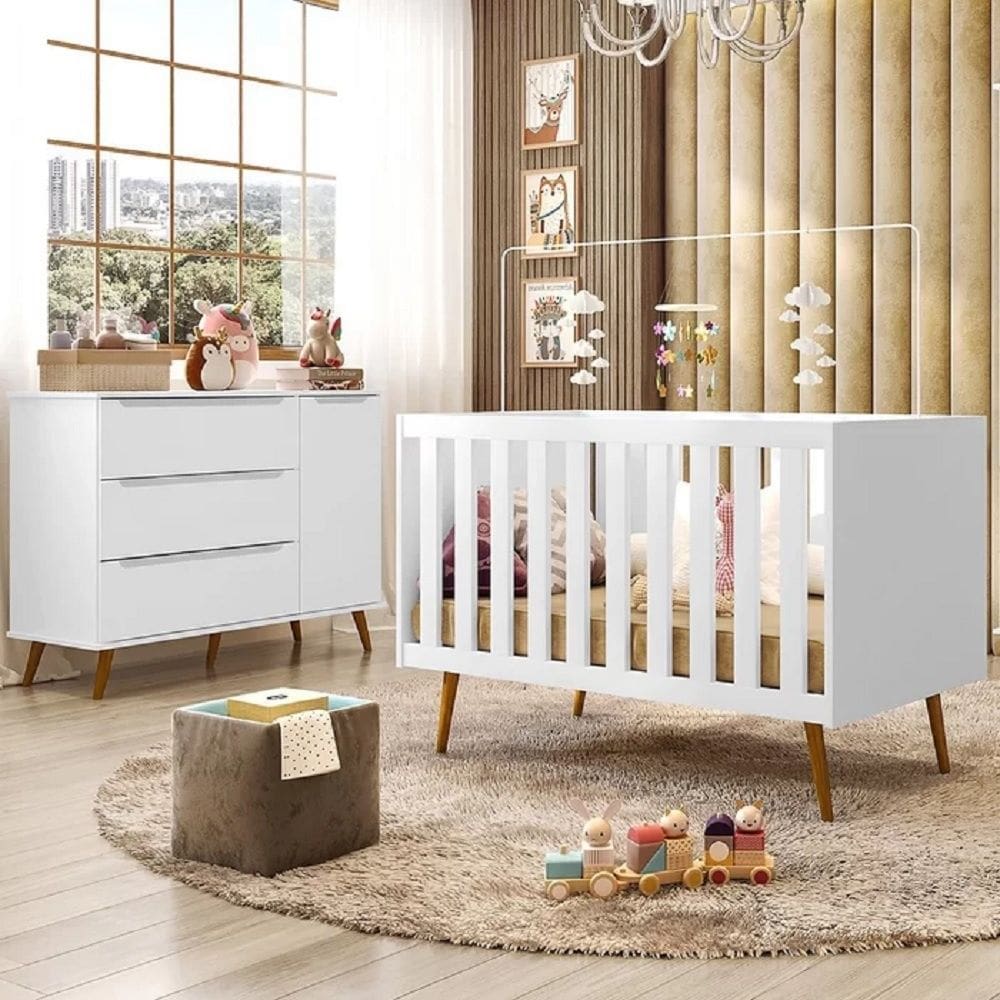 Berço Americano Mini Cama Encanto com Comoda Retrô 3 Gavetas 1 Porta Lunna - Branco