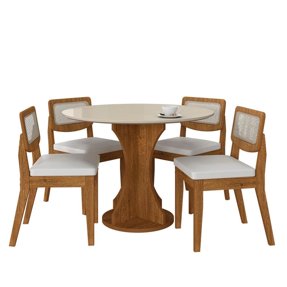 Mesa Linares Com 4 Cadeiras Sextavada Freijó/off/corino Branco - M.a