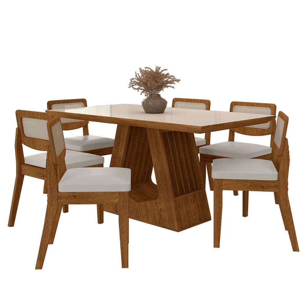 Mesa Santiago Com 6 Cadeiras Sextavada Freijó/off/corino Branco - M.a