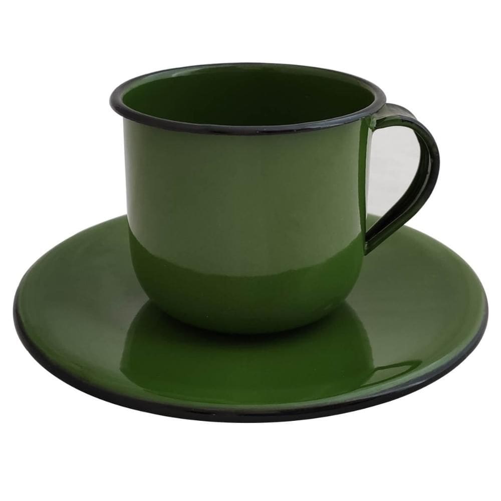 Caneca Esmaltada Xícara Com Pires Para Chá Café 180ml