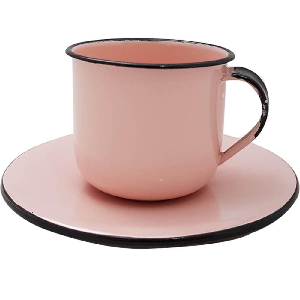 Caneca Esmaltada Xícara Com Pires Para Chá Café 180ml