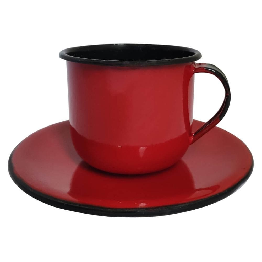 Caneca Esmaltada Xícara Com Pires Para Chá Café 180ml