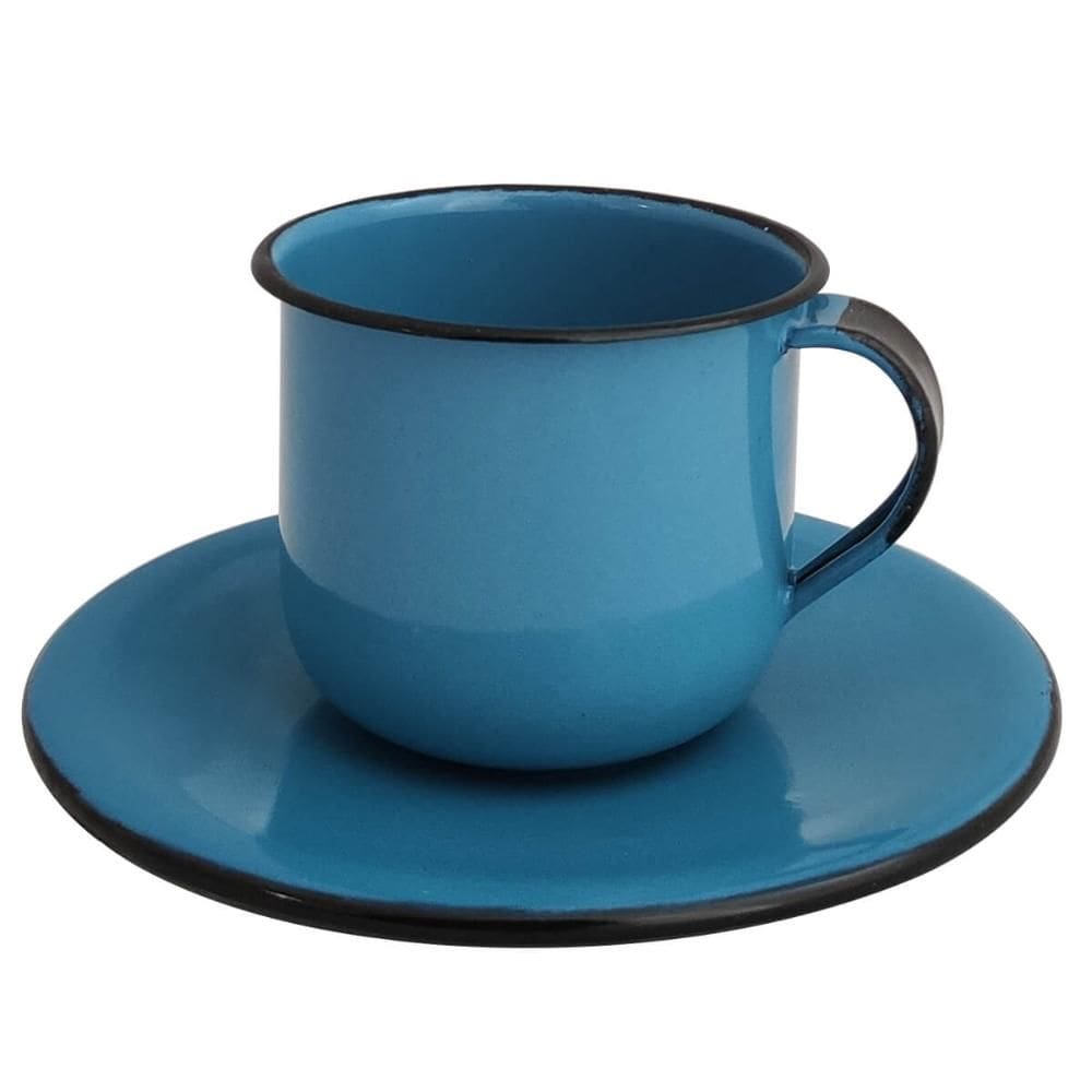 Caneca Esmaltada Xícara Com Pires Para Chá Café 180ml