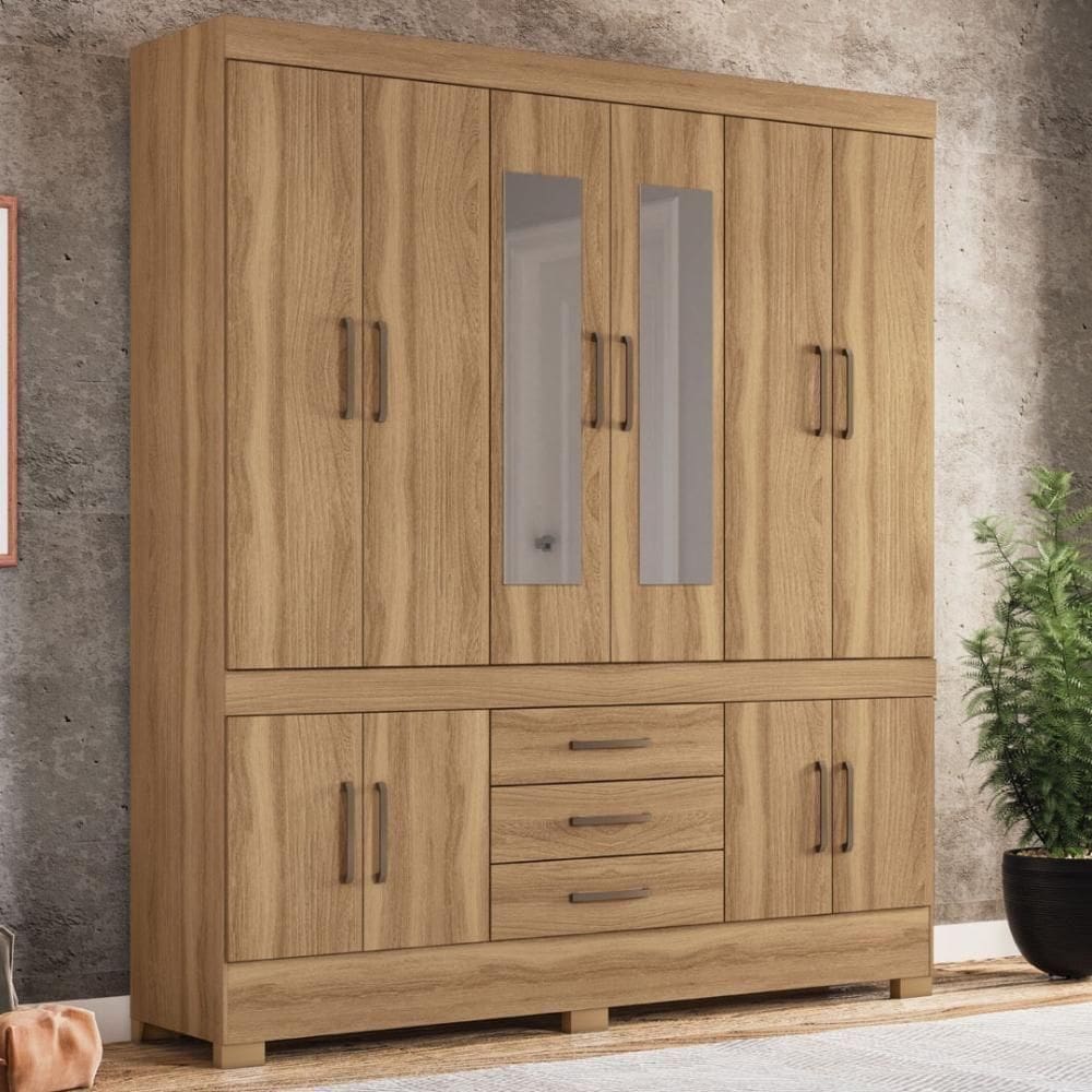 Guarda Roupa Casal 10 Portas Com Espelho E 3 Gavetas Hungria Amêndola Touch