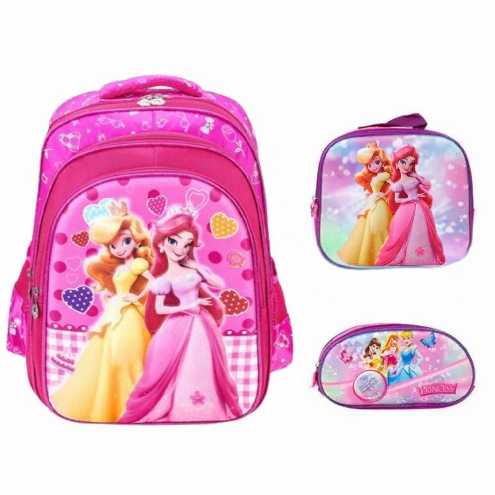Lancheira Mochila E Estojo Infantil Rosa Princesa Brilhante