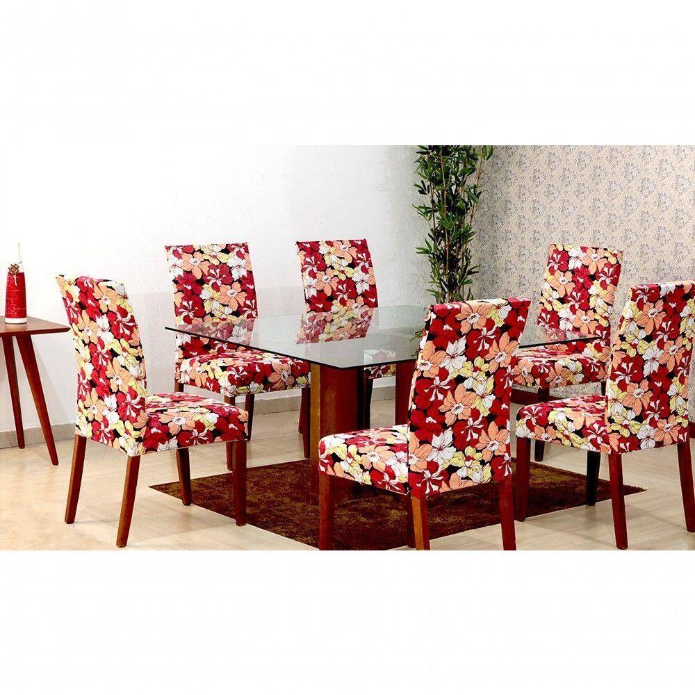Capas De Cadeira 06 Lugares Floral Vermelho