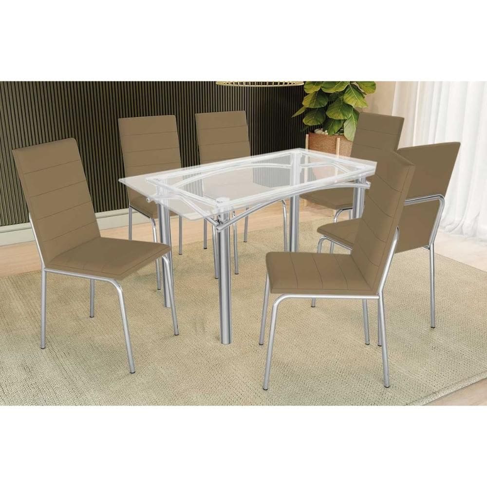 Sala de Jantar Completa Elba c/ Tampo de Vidro 150cm e 6 Cadeiras Amsterdã Cromada - Courano Capuccino - Kappesberg