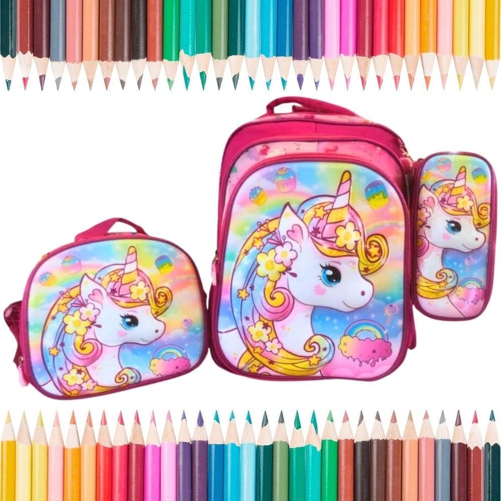 Lancheira Mochila E Estojo Infantil Unicórnio Rosa Brilhante