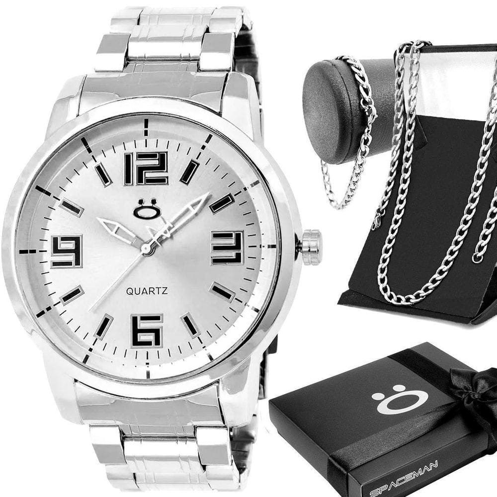 Relogio Aço Inoxidavel Prata + Caixa + Pulseira Grumet